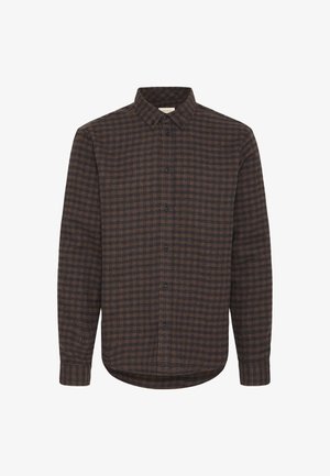 Cămașă lungă cu mâneci, în carouri maro, având un guler cu nasturi, închidere cu nasturi pe față și un tiv rotunjit. Fabricată dintr-un material texturat.