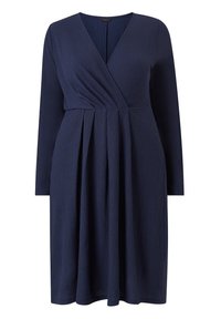 Navyblaues Kleid aus strukturiertem Stoff, mit langen Ärmeln, V-Ausschnitt und einem Wickeldesign mit plissierten Details.