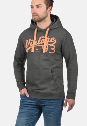 Gray hoodie with orange drawstrings and "Vintage 93" graphic on the front. Features a kangaroo pocket and ribbed cuffs and hem.