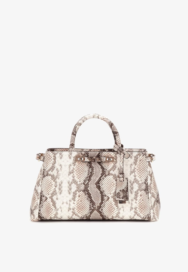 Grande borsa in ecopelle con motivo pitone, caratterizzata da tonalità beige e marroni, doppio manico e un accento del logo in tono oro sulla parte anteriore.