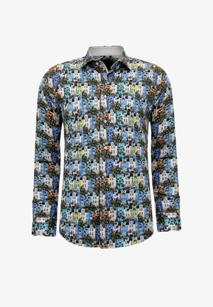 Lange mouwen blouse met knopen, bedrukt met een kleurrijke print van meerlaagse gebouwen en palmbomen in blauw-, geel-, oranje- en groentinten.
