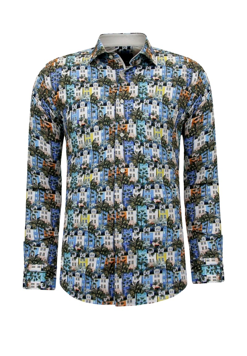 Lange mouwen blouse met knopen, bedrukt met een kleurrijke print van meerlaagse gebouwen en palmbomen in blauw-, geel-, oranje- en groentinten.
