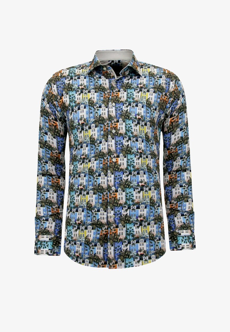 Lange mouwen blouse met knopen, bedrukt met een kleurrijke print van meerlaagse gebouwen en palmbomen in blauw-, geel-, oranje- en groentinten.