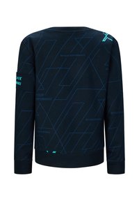 Felpa navy con maniche lunghe, motivi geometrici blu, scollo rotondo e testo "RETOUR PERFORMANCE" sul retro e sulle maniche.