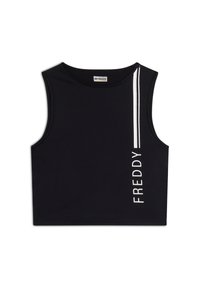 Crop top nero senza maniche realizzato in un tessuto elasticizzato, caratterizzato da un logo verticale bianco e due strisce bianche sui lati. Texture liscia.