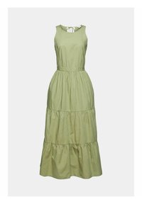 Robe sans manches vert clair avec une taille cintrée et une jupes à volants. Présente un col rond et un détail à nouer à l'arrière. Fabriquée en coton.