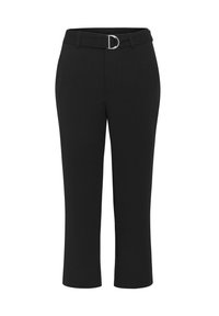 Zwarte cropped broek met een fitted tailleband en een zilveren D-vormige riemgesp. Gemaakt van gladde stof met discrete zijzakken.