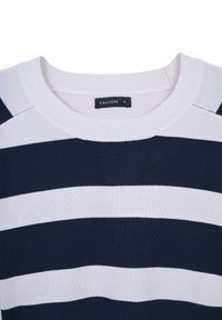 Navy- und weiß gestreifter Pullover mit geripptem Rundhalsausschnitt. Das Etikett trägt "CALLIOPE", Größe S. Der Stoff wirkt weich und glatt.
