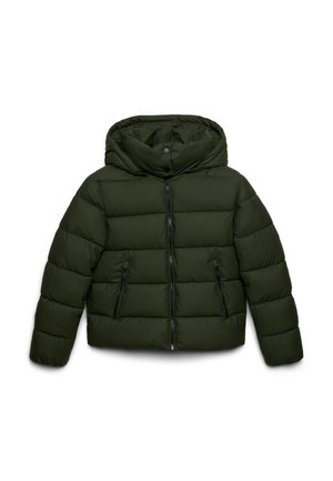 Giacca imbottita verde scuro con zipper frontale, due tasche con zip e cappuccio con chiusura a bottone a scatto.