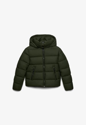 Dark green padded jacket with a front zipper, two zippered pockets, and a hood with snap button closure.
