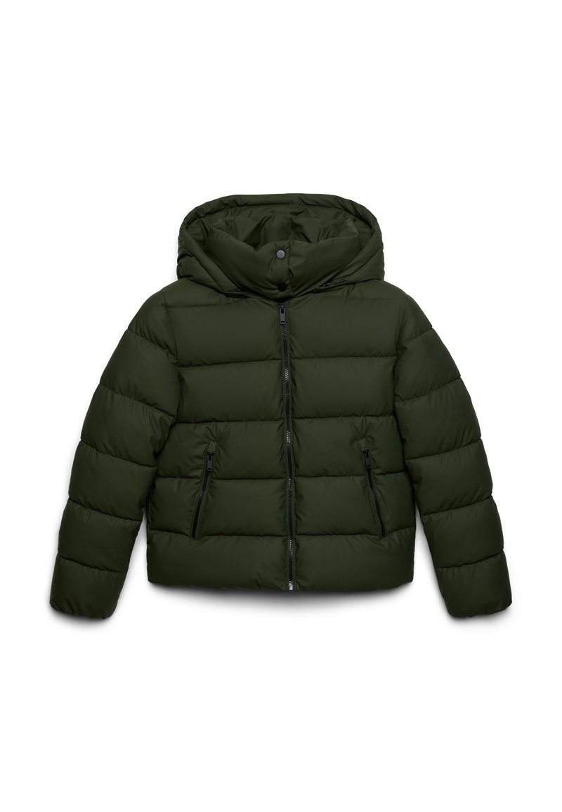 Dunkelgrüne gepolsterte Jacke mit einem Frontreißverschluss, zwei Reißverschluss-Taschen und einer Kapuze mit Druckknopfverschluss.