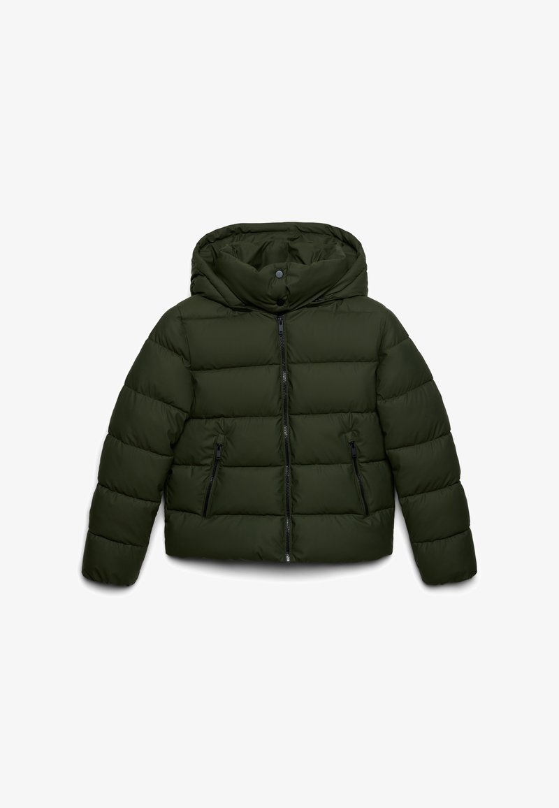 Dunkelgrüne gepolsterte Jacke mit einem Frontreißverschluss, zwei Reißverschluss-Taschen und einer Kapuze mit Druckknopfverschluss.