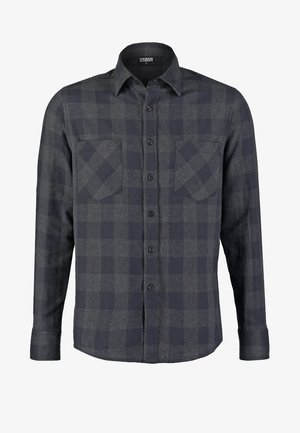 Donker geruite button-up shirt van geweven stof, met grijze en zwarte vierkanten, twee borstzakken en een standaard kraag.