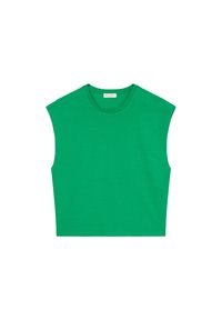Zielony bezrękawnik crop top z miękkiej bawełny, z okrągłym dekoltem i luźnym krojem. Gładka faktura z czystymi krawędziami.