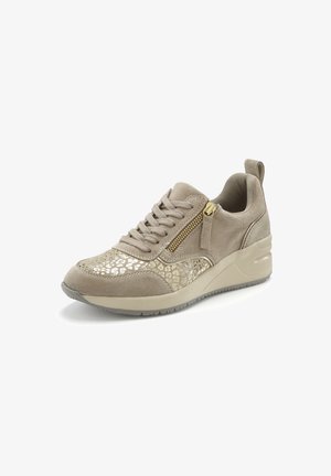 Beige suede sneaker with metallic gold accents, textured detailing on the toe, lace-up front, side zipper, and a slightly elevated, chunky sole.