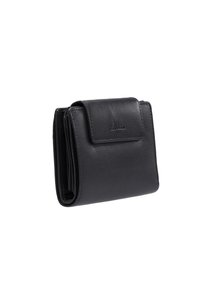 Portefeuille en cuir noir avec un rabat repliable, finition texturée et détail de logo. Comprend plusieurs compartiments et un design compact.