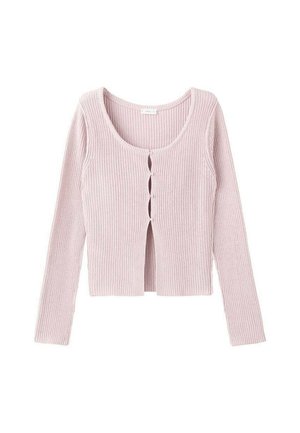 Hellrosa gerippte Strickjacke mit Rundhalsausschnitt, langen Ärmeln und dreifacher Knopfverschluß vorne. Weiche Textur mit figurbetontem Design.