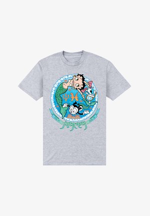 Grå T-shirt med korte ærmer, der har et farverigt grafisk motiv af en havfrue, fisk og muslinger med "Fiskene" tekst og astrologiske datoer.