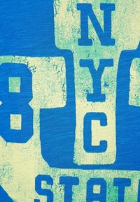 Modrý textil s texturovaným vzorem. Obsahuje vsazenou grafiku s písmeny "NYC" a číslem "86" ve světle zelené barvě.