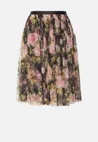 Jupe plissée noire avec motif floral rose et vert et une ceinture noire unie.