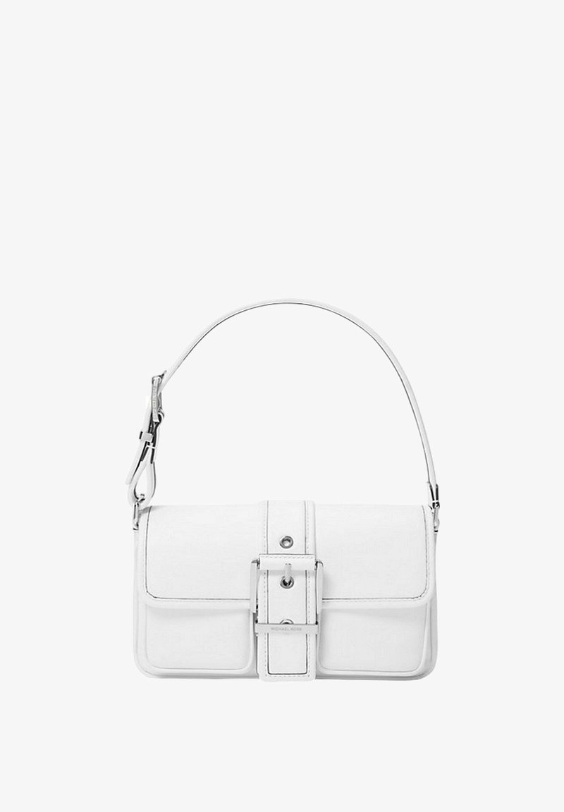 Weiße Lederhandtasche in rechteckiger Form, mit einem zentralen Schnallen-Detail, verstellbarem Schultergurt und subtiler Naht.