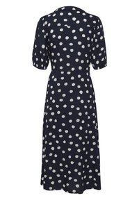 Robe midi bleu marine à pois blancs, manches courtes bouffantes et taille ajustée, vue de dos.
