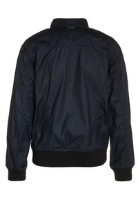 Dark navy bomber jacket with ribbed cuffs and waistband, visible seam details, and a stand-up collar, shown from the back.