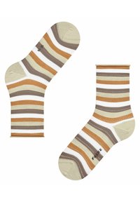 Gestreepte sokken met banden in beige, wit, bruin en oranje, met een zachte textuur en een geribde been. Merkl-logo op de zool weergegeven.