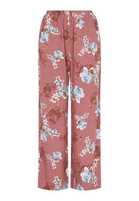 Blumenhose aus pinkem Stoff mit blauen und braunen Rosenmustern. Besitzt einen elastischen Bund und ein weit geschnittenes Design für zusätzlichen Komfort.