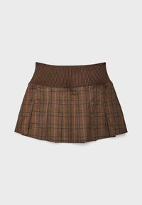 Gonna plissettata a quadri marrone con una vita a coste. Il materiale appare tessuto con una consistenza morbida. Presenta strisce alternate chiare e scure.