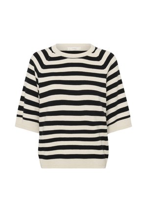 Lühikeste varrukatega kootud kampsun mustade ja valgete horisontaalsete triipudega ning ümmarguse kaelusega.