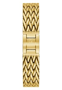 Gold metal wristwatch band with a woven design and polished finish. Features a clasp with a logo detail.