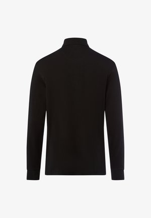 Czarna koszula polo z długim rękawem, wykonana z miękkiego materiału, z delikatnym kołnierzykiem i ściągaczami na rękawach. Prosty design, bez wzorów ani akcentów.