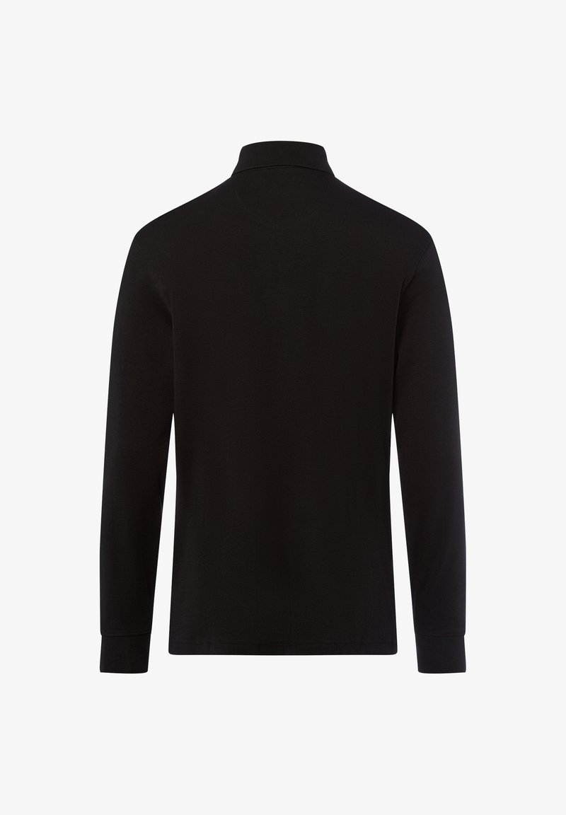 Schwarzes Langarm-Polohemd aus weichem Stoff, mit einem leichten Kragen und gerippten Manschetten. Schlichtes Design ohne Muster oder Akzente.