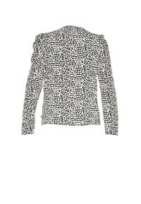 Veste à motifs noir et blanc avec manches longues, tissu texturé et épaules légèrement bouffantes, présentant un design abstrait de léopard.