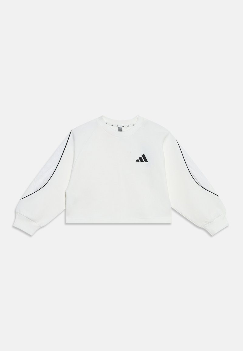 Sweat-shirt court blanc à manches longues avec logo adidas noir sur la poitrine et détails de passepoil noir le long des manches.