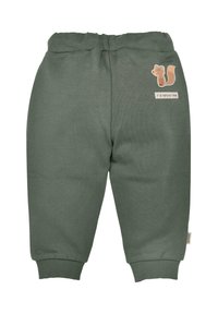 Grüne Baumwoll-Sweatpants mit lockerer Passform, gerippten Bündchen und einem gestickten Eichhörnchen-Design mit dem Text "Es ist Naturzeit."
