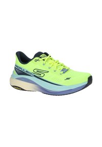 Chaussure de running Skechers jaune néon avec logo "S" noir, semelle épaisse et rembourrée bleu et beige, intérieur noir et texte "Propulsion" bleu clair sur le côté.