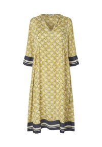 Żół dress midi z kwiecistym wzorem, dekoltem w kształcie V, rękawami ¾ oraz granatowymi paskami na mankietach i u dołu. Wykonana z lekkiego materiału.