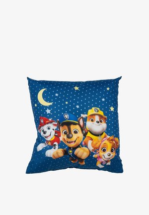 Square pillow with a blue background, featuring cartoon dogs, yellow stars, and a crescent moon. Material appears soft with polka dot pattern.