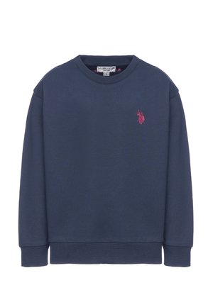 Felpa blu navy a maniche lunghe con scollo rotondo, logo Polo ricamato in rosa sul petto sinistro, polsini e orlo a costine.