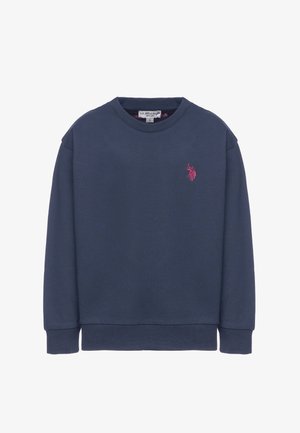 Felpa blu navy a maniche lunghe con scollo rotondo, logo Polo ricamato in rosa sul petto sinistro, polsini e orlo a costine.