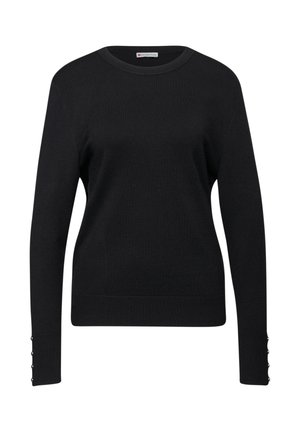 Sort strikket sweater med rund hals, lange ærmer og knapdetaljer ved manchetterne. Glat tekstur med en tætsiddende silhuet.