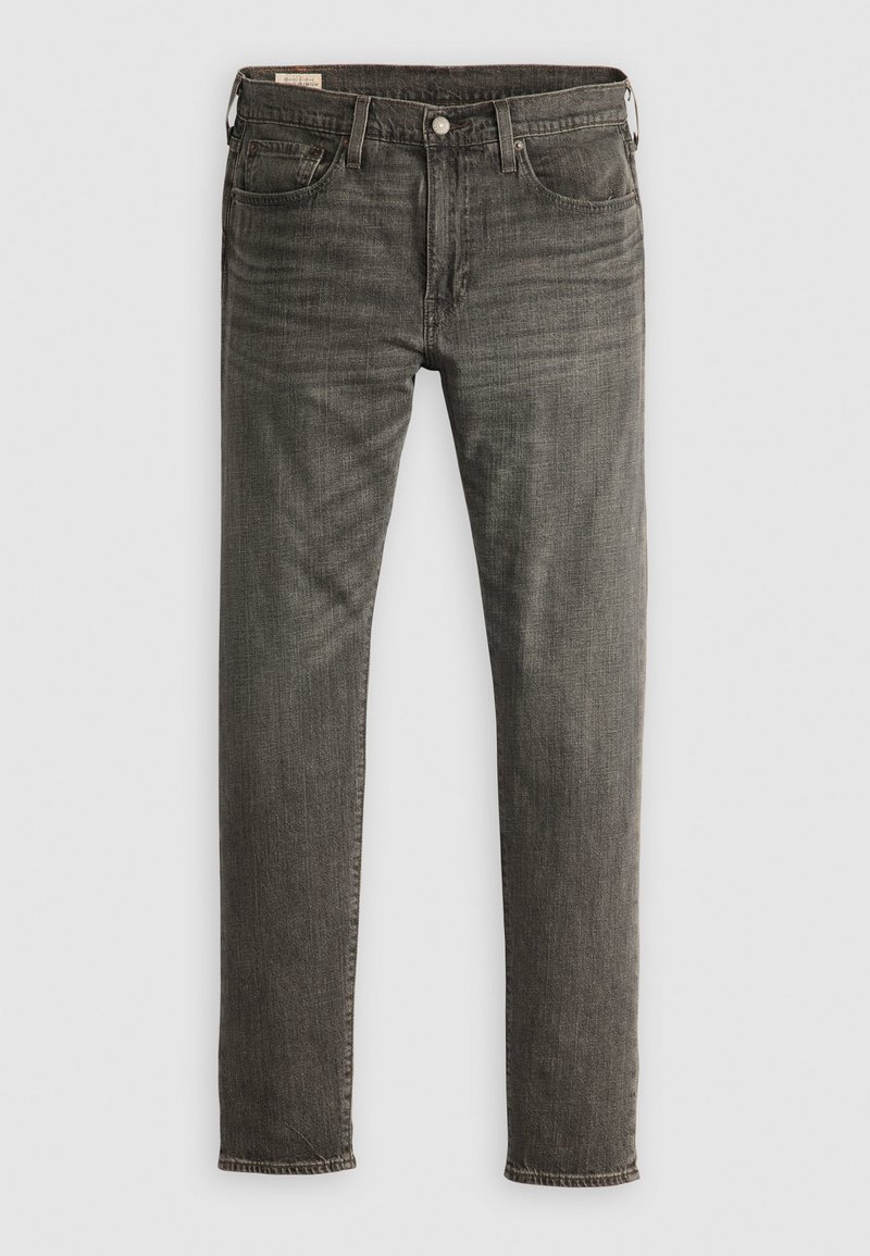Jeans en denim gris foncé avec une jambe droite, cinq poches, passants de ceinture et fermeture éclair, présentant un léger décoloration et des détails de couture minimaux.