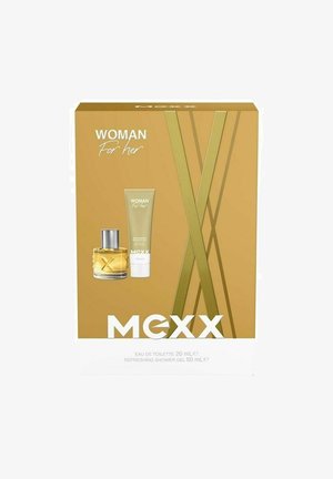 Mexx Woman -lahjapakkaus, joka sisältää 20 ml tuoksuvettä ja 50 ml virkistävää suihkugeeliä kultaisessa pakkauksessa.