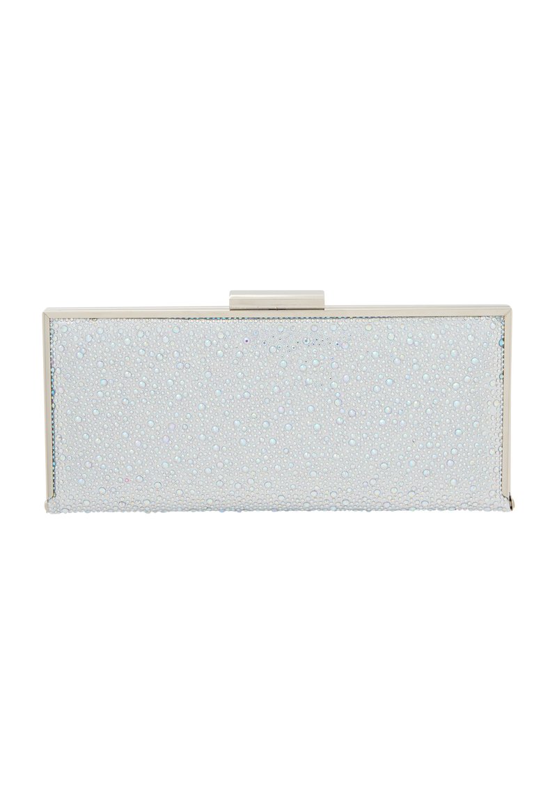 Lysblå clutch med en tekstureret overflade, der har klare, hævede dråber. Sølvfarvet hardware ved lukningen øverst, rektangulær form.