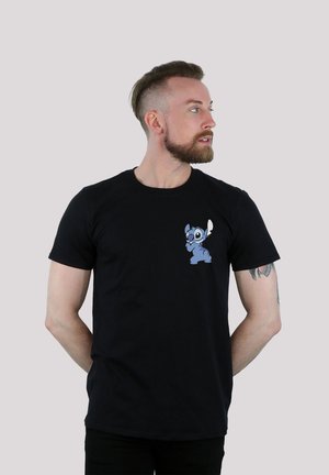 Black cotton T-shirt featuring a blue cartoon character on the left chest area. Short sleeves and crew neck design.