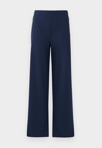 Marine wijdpijpenbroek met een elastische tailleband, een gladde textuur en twee zijzakken, ontworpen voor comfort en bewegingsvrijheid.