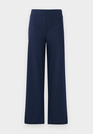 Pantaloni a gamba larga blu navy con cintura elastica, texture morbida e due tasche laterali, progettati per il massimo comfort e libertà di movimento.
