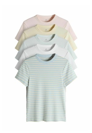 Five short-sleeve ribbed crew neck tops in pastel colors, with the front one blue and yellow striped, others in solid pale pink, yellow, green, and white.